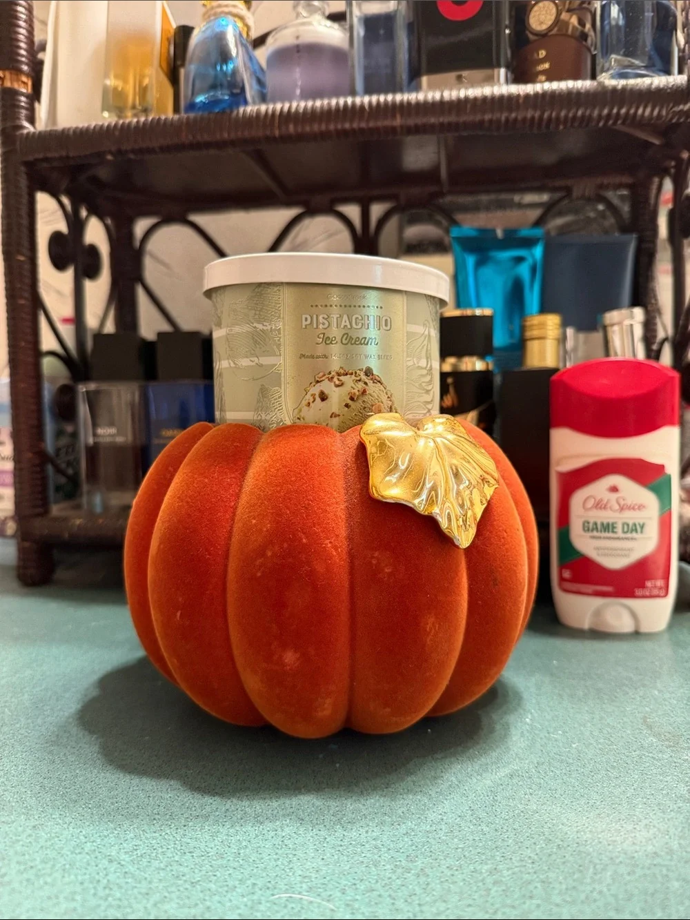 Bath & body Works  Velvet Orange Decorative Pumpkin with Gold Leaf Accent